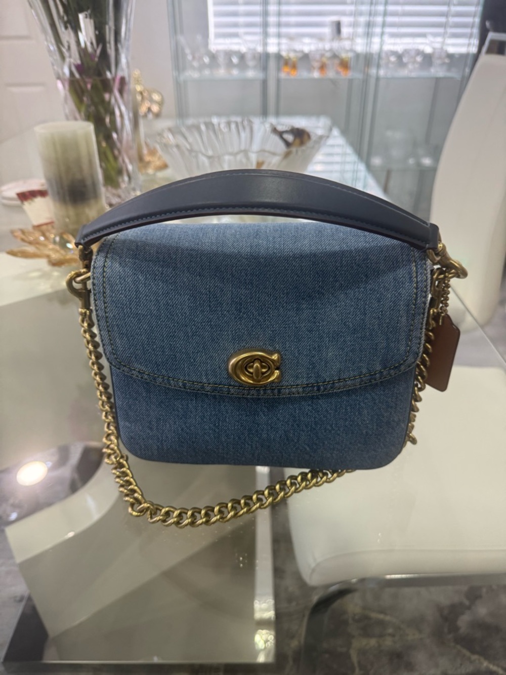 Coach Denim Shoulder Bag with Gold Chain